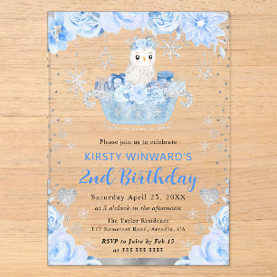Watercolor Arctic Owl Floral 2nd Birthday Acrylic Invitations