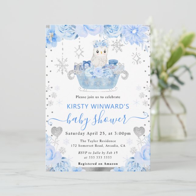 Watercolor Arctic Owl Floral Baby Shower Invitation (Standing Front)