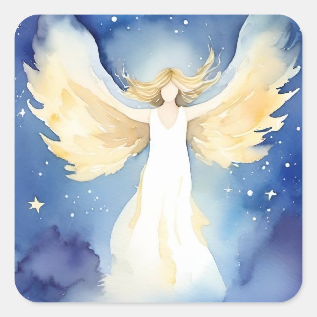 Watercolor art angel in the night sky square sticker (Front)