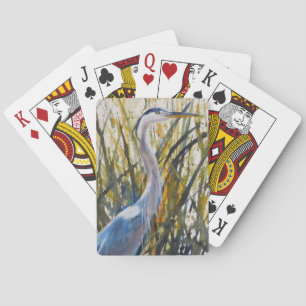 Watercolor Art Blue Heron In Tall Grass Playing Cards