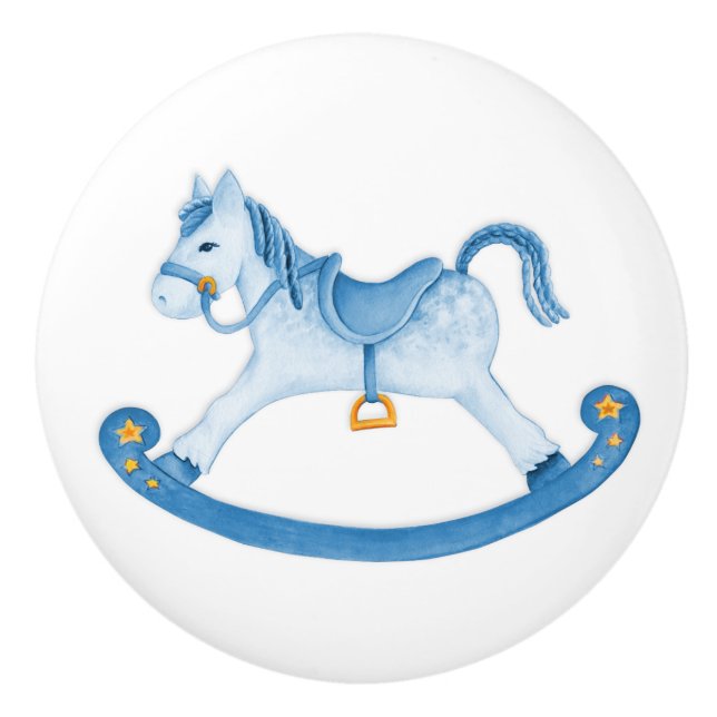 Watercolor art blue rocking horse knob (Front)