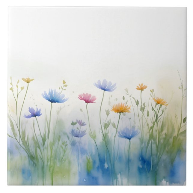 Watercolor Art Colourful Wild Flowers Wildflower Tile (Front)