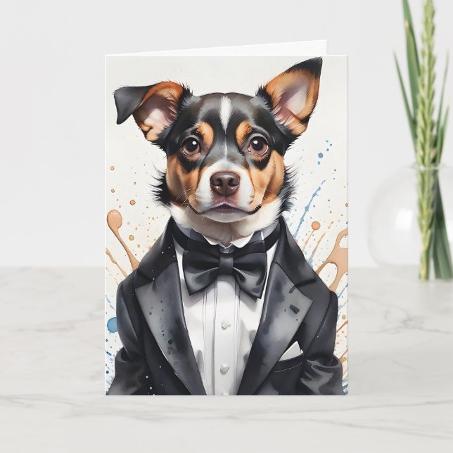 Watercolor Art Cute Dog Tuxedo Black Bow Tie Card (Front)