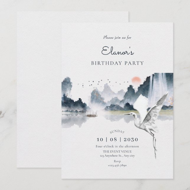 Watercolor art nature scenery birthday invitation (Front/Back)