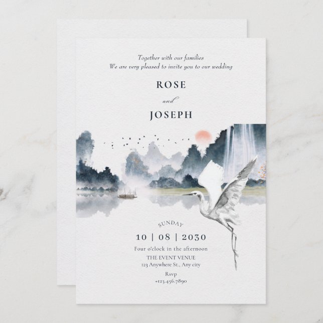 Watercolor art nature scenery wedding invitation (Front/Back)
