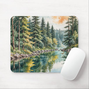Watercolor Art of a River In a Forest Mouse Pad