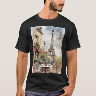 Watercolor Art Of Charming Parisian Café With Eif T-Shirt
