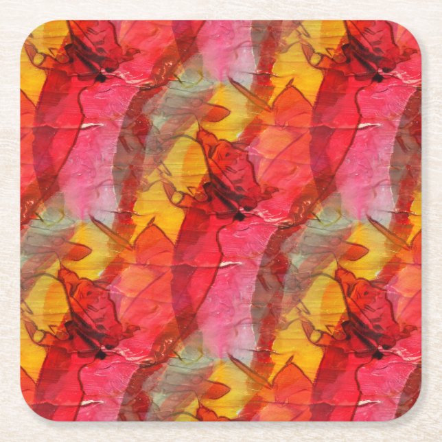 Watercolor art red yellow square paper coaster (Front)