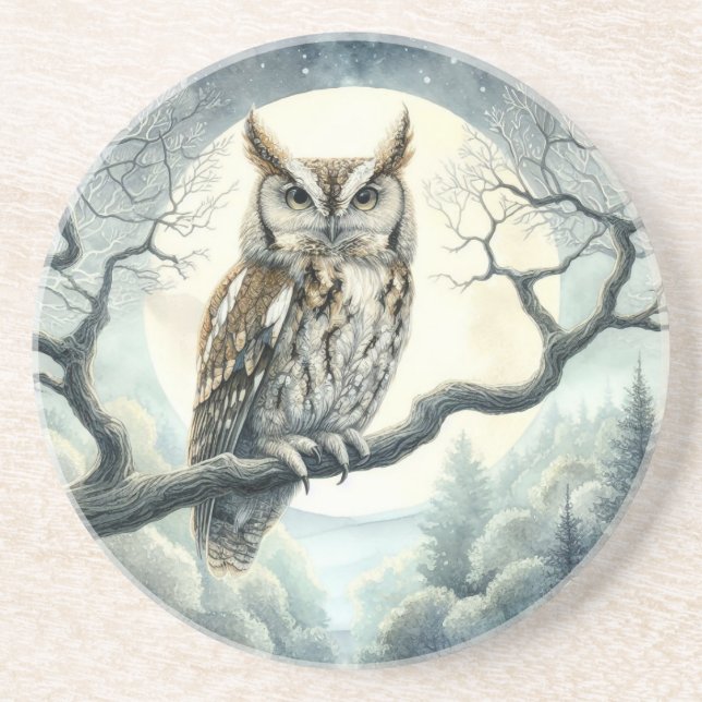 Watercolor Art Screech Owl Coaster (Front)