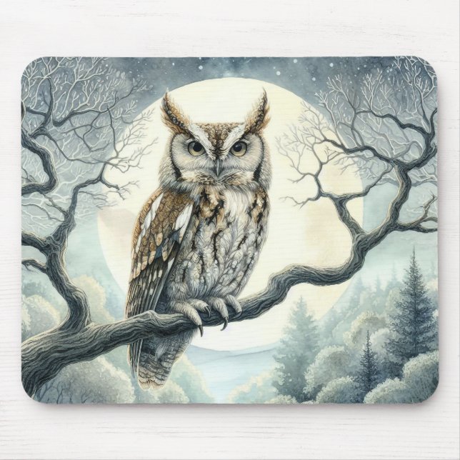 Watercolor Art Screech Owl Mouse Pad (Front)