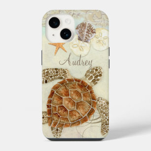 Watercolor Art Sea Turtle Coastal Beach Sea Shells iPhone 14 Case