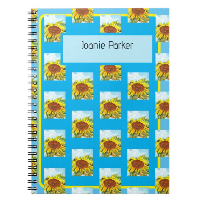 Watercolor Art Sunflower Pattern Gold, Brown, Blue Notebook (Front)