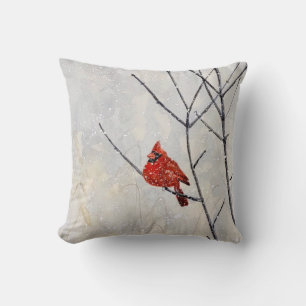 watercolor art throw pillow, cardinal in snow, red pillow