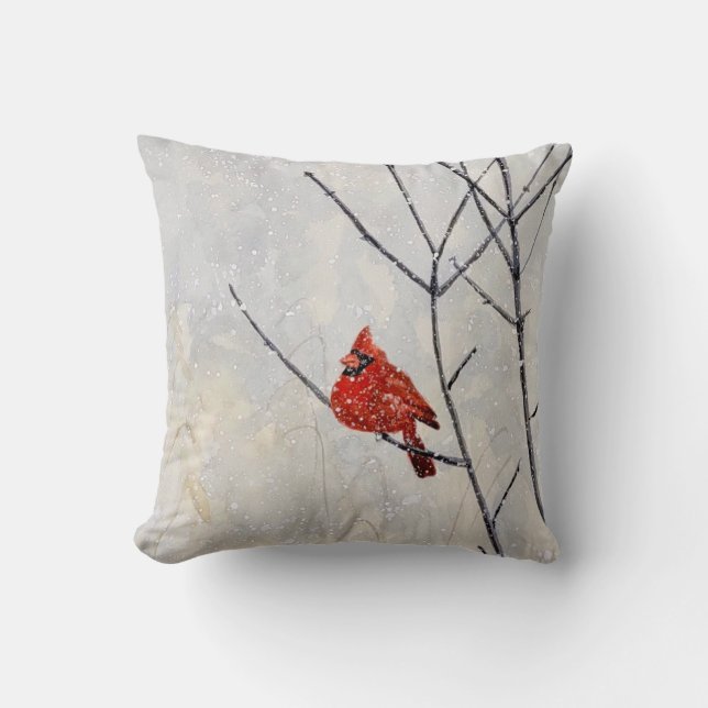 watercolor art throw pillow, cardinal in snow, red pillow (Front)