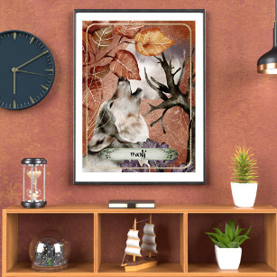 Watercolor Art Wolf Howling at Full Moon Nature  Poster