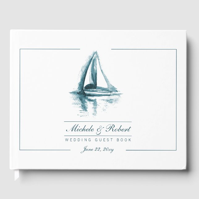 Watercolor Artistic Blue on White Sailing Boat Guest Book (Front)