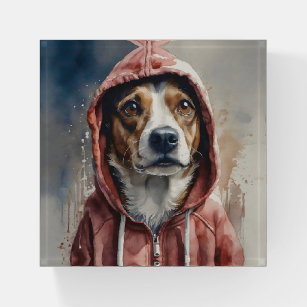 Watercolor Artwork Brown and White Dog in Hoodie  Paperweight
