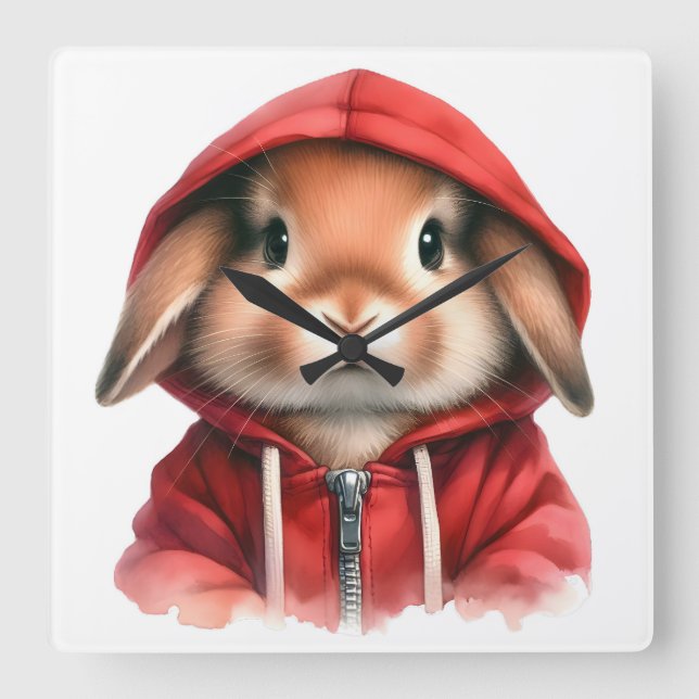 Watercolor Artwork Brown Rabbit in a Red Hoodie  Square Wall Clock (Front)