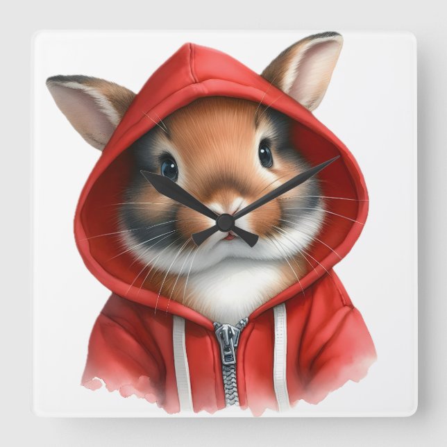 Watercolor Artwork Brown Rabbit in a Red Hoodie  Square Wall Clock (Front)