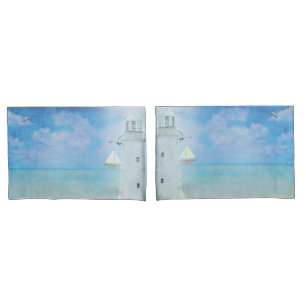 Watercolor Artwork Ocean Lighthouse With Sailboat Pillowcase