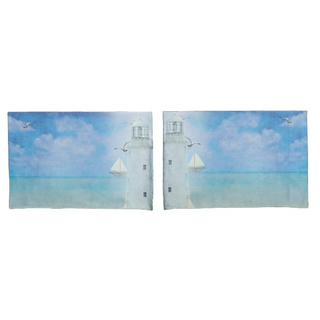 Watercolor Artwork Ocean Lighthouse With Sailboat Pillowcase (Front-Set)