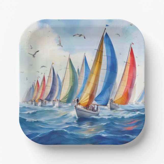 Watercolor Artwork Sailboat Regatta Paper Plate (Front)
