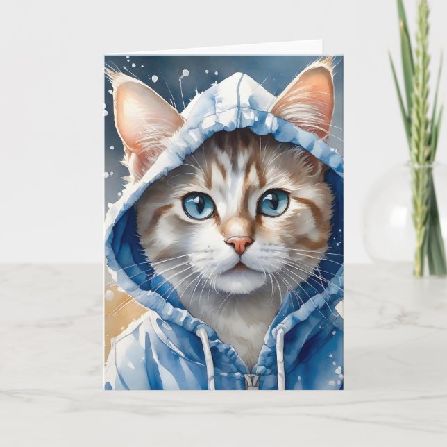 Watercolor Artwork Tabby Cat Blue Hoodie Splatter Card (Front)