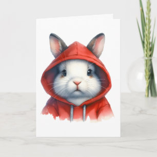 Watercolor Artwork White Rabbit in a Red Hoodie  Card
