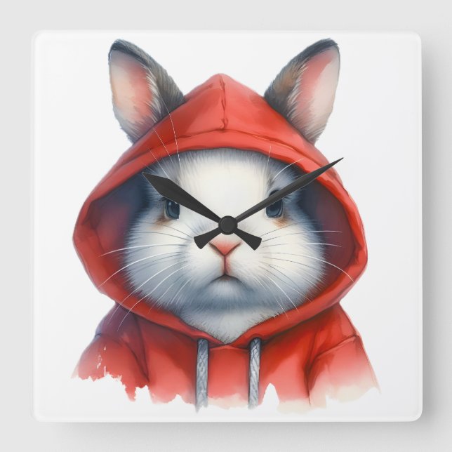 Watercolor Artwork White Rabbit in a Red Hoodie  Square Wall Clock (Front)