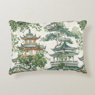 Watercolor Asian Pagoda in Verdant Landscape (10) Accent Pillow