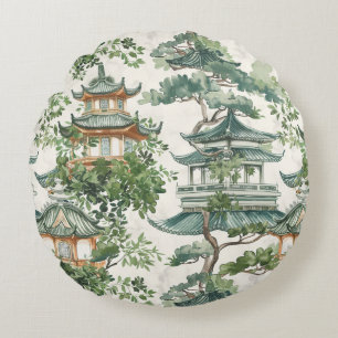 Watercolor Asian Pagoda in Verdant Landscape (10) Round Pillow