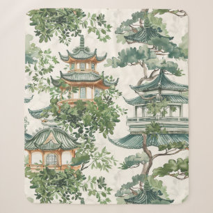 Watercolor Asian Pagoda in Verdant Landscape (10) Sherpa Blanket