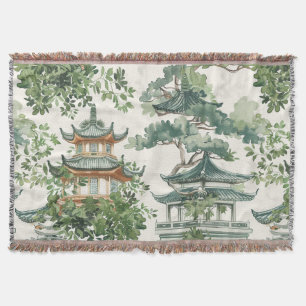 Watercolor Asian Pagoda in Verdant Landscape (10) Throw Blanket