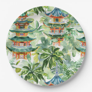 Watercolor Asian Pagoda in Verdant Landscape (11) Paper Plate