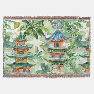 Watercolor Asian Pagoda in Verdant Landscape (11) Throw Blanket