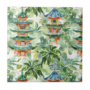Watercolor Asian Pagoda in Verdant Landscape (11) Tile