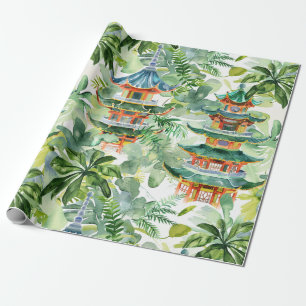 Watercolor Asian Pagoda in Verdant Landscape (11) Wrapping Paper