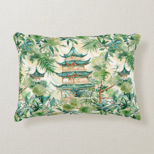 Watercolor Asian Pagoda in Verdant Landscape (12) Accent Pillow