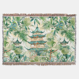 Watercolor Asian Pagoda in Verdant Landscape (12) Throw Blanket