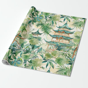 Watercolor Asian Pagoda in Verdant Landscape (12) Wrapping Paper