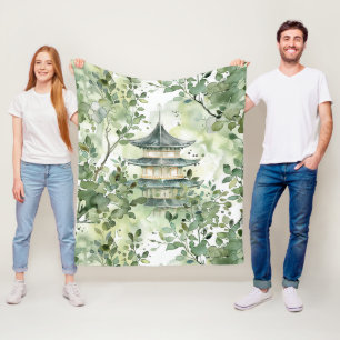 Watercolor Asian Pagoda in Verdant Landscape (13) Fleece Blanket