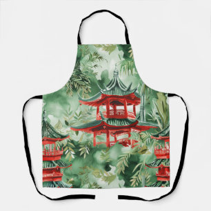 Watercolor Asian Pagoda in Verdant Landscape (14) Apron