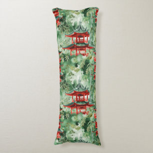 Watercolor Asian Pagoda in Verdant Landscape (14) Body Pillow