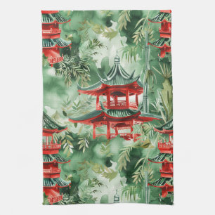 Watercolor Asian Pagoda in Verdant Landscape (14) Kitchen Towel