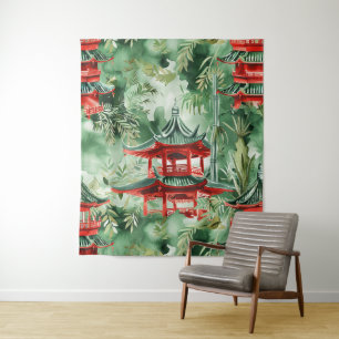Watercolor Asian Pagoda in Verdant Landscape (14) Tapestry