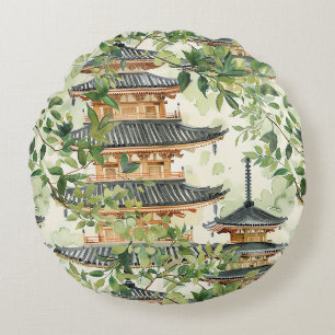 Watercolor Asian Pagoda in Verdant Landscape (16) Round Pillow