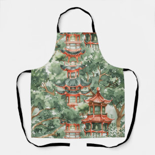 Watercolor Asian Pagoda in Verdant Landscape (17) Apron