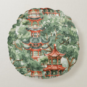 Watercolor Asian Pagoda in Verdant Landscape (17) Round Pillow