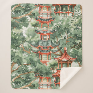 Watercolor Asian Pagoda in Verdant Landscape (17) Sherpa Blanket