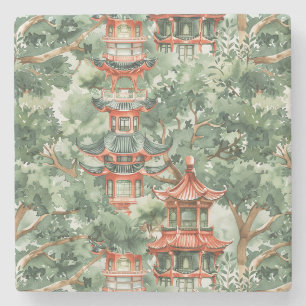 Watercolor Asian Pagoda in Verdant Landscape (17) Stone Coaster